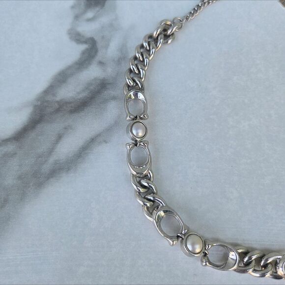 Coach Signature Curb Silver Plated Monogram w Glass Pearl Beads Necklace - Picture 6 of 8